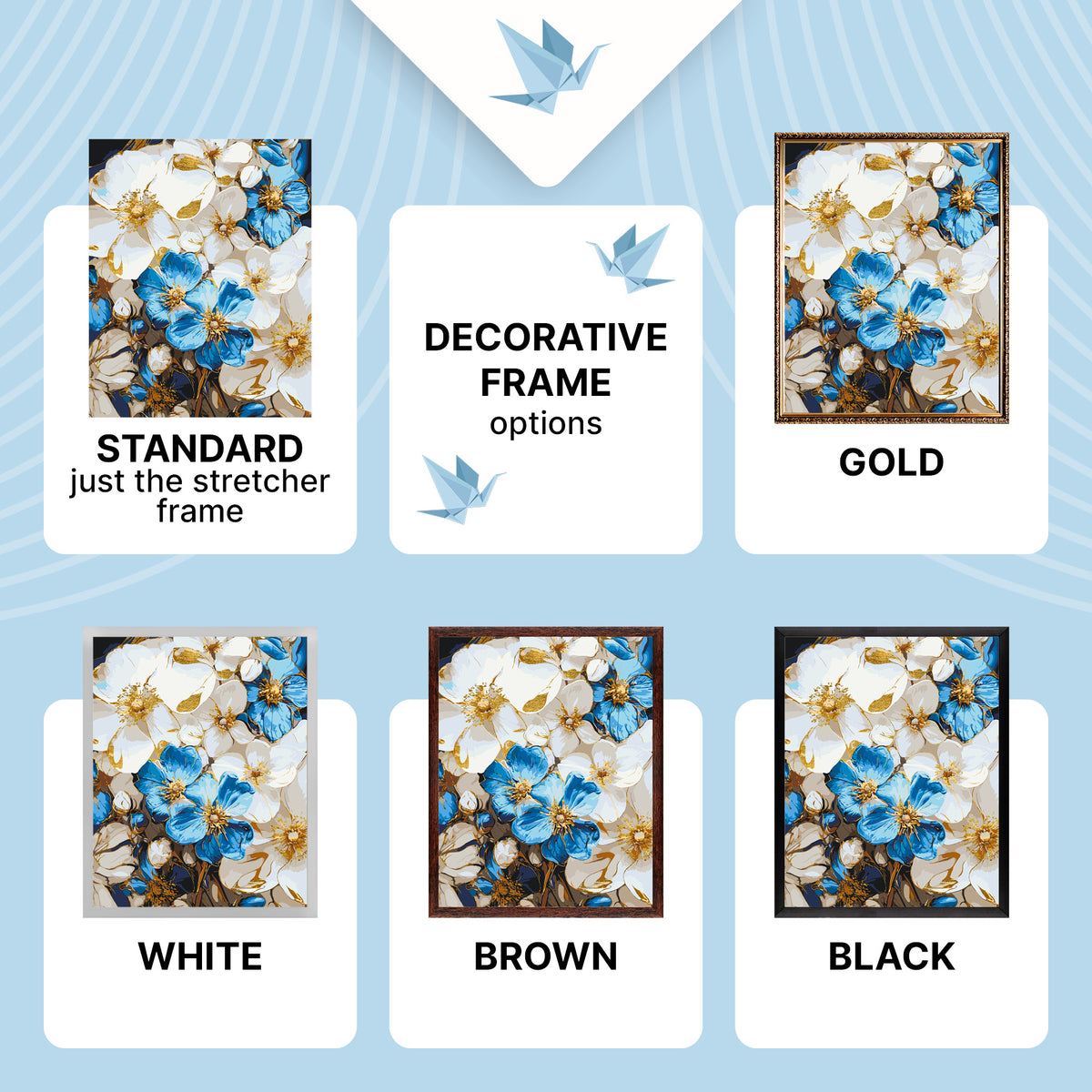 Malen nach Zahlen auf Keilrahmen 40×50 cm – Weiß-blaue Blumen mit Metallicfarben – Blumen – LW 3293