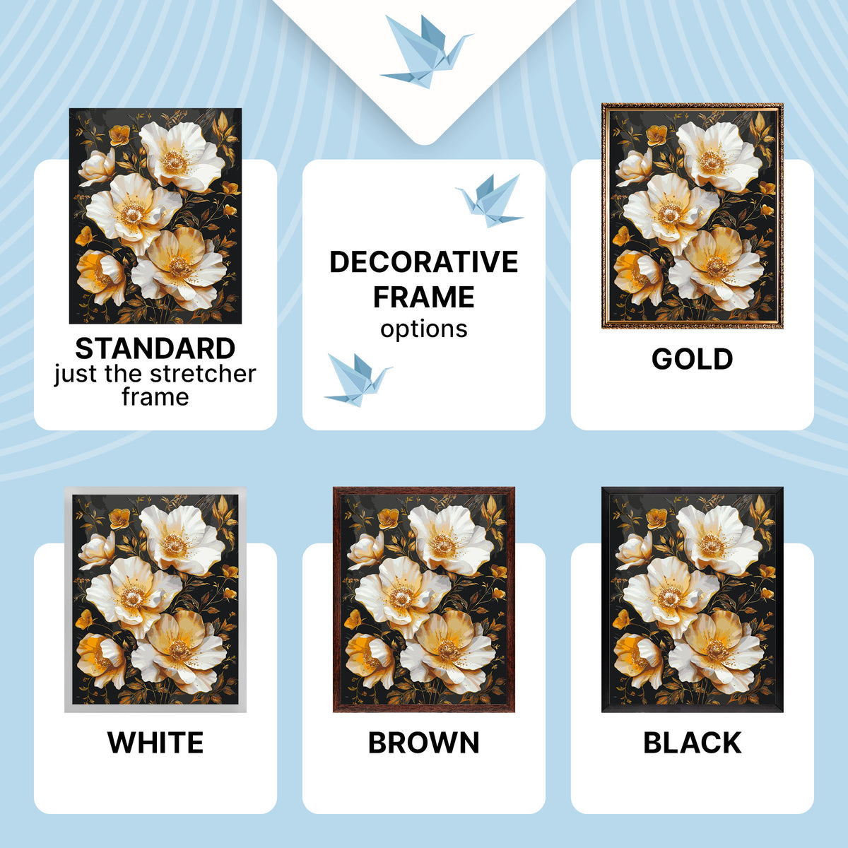 Malen nach Zahlen auf Keilrahmen 40×50 cm – Goldene Blumen auf schwarzem Hintergrund mit Metallicfarben – Blumen – LW 3335