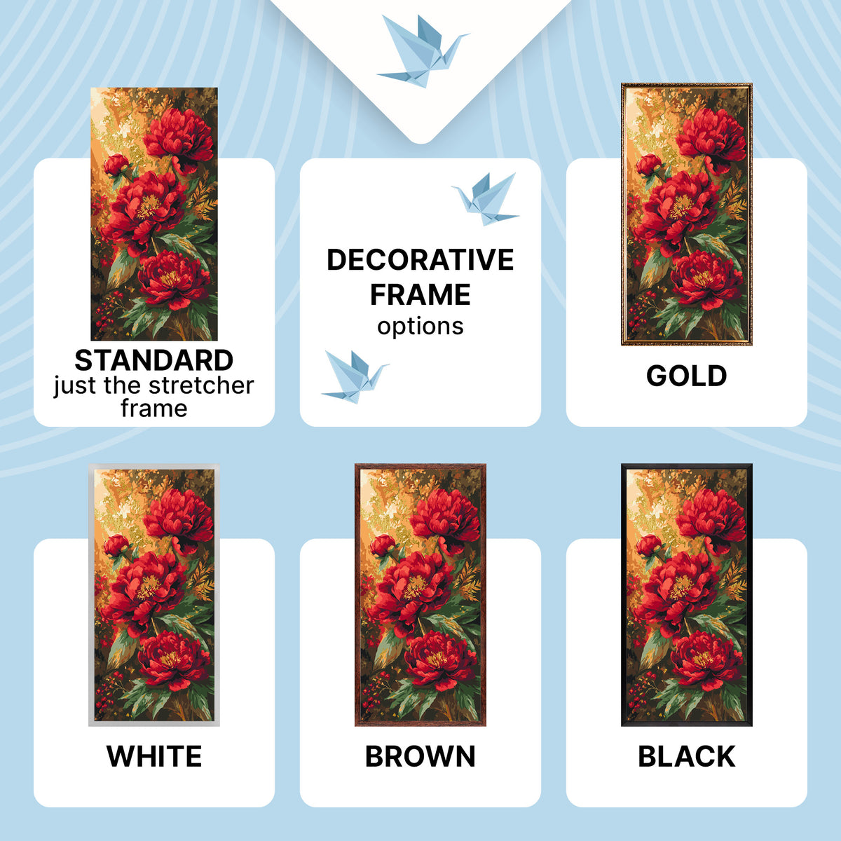 Malen nach Zahlen auf Keilrahmen 40×80 cm – Leuchtende Pfingstrosen mit Metallicfarben – Blumen – LW 5224