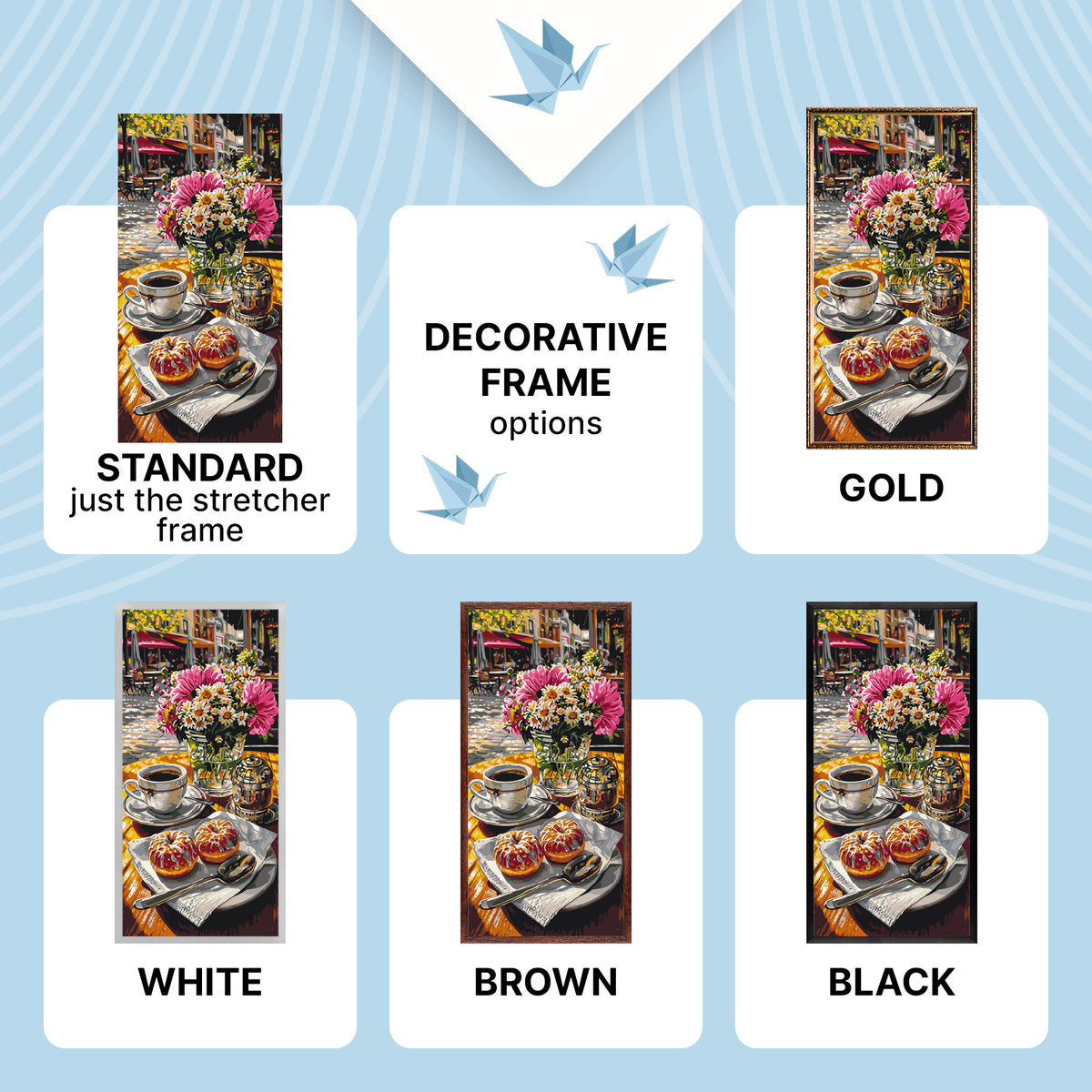 Malen nach Zahlen auf Keilrahmen 40×80 cm – Morgenkaffee mit Donuts – Blumen/Stillleben – LW 5249