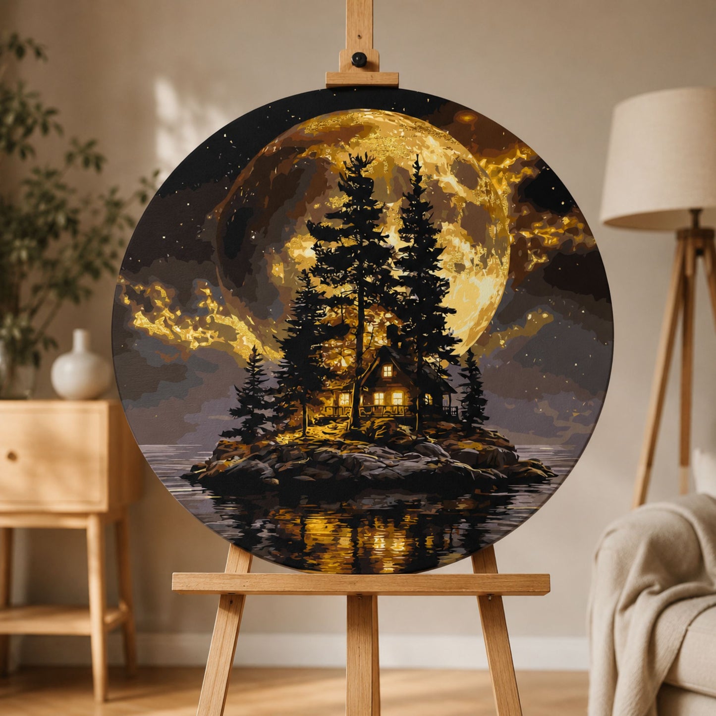 Rundes Malen nach Zahlen Ø45 cm – Landschaft – Häuschen unter dem Mond mit Metallicfarben – OR 2026