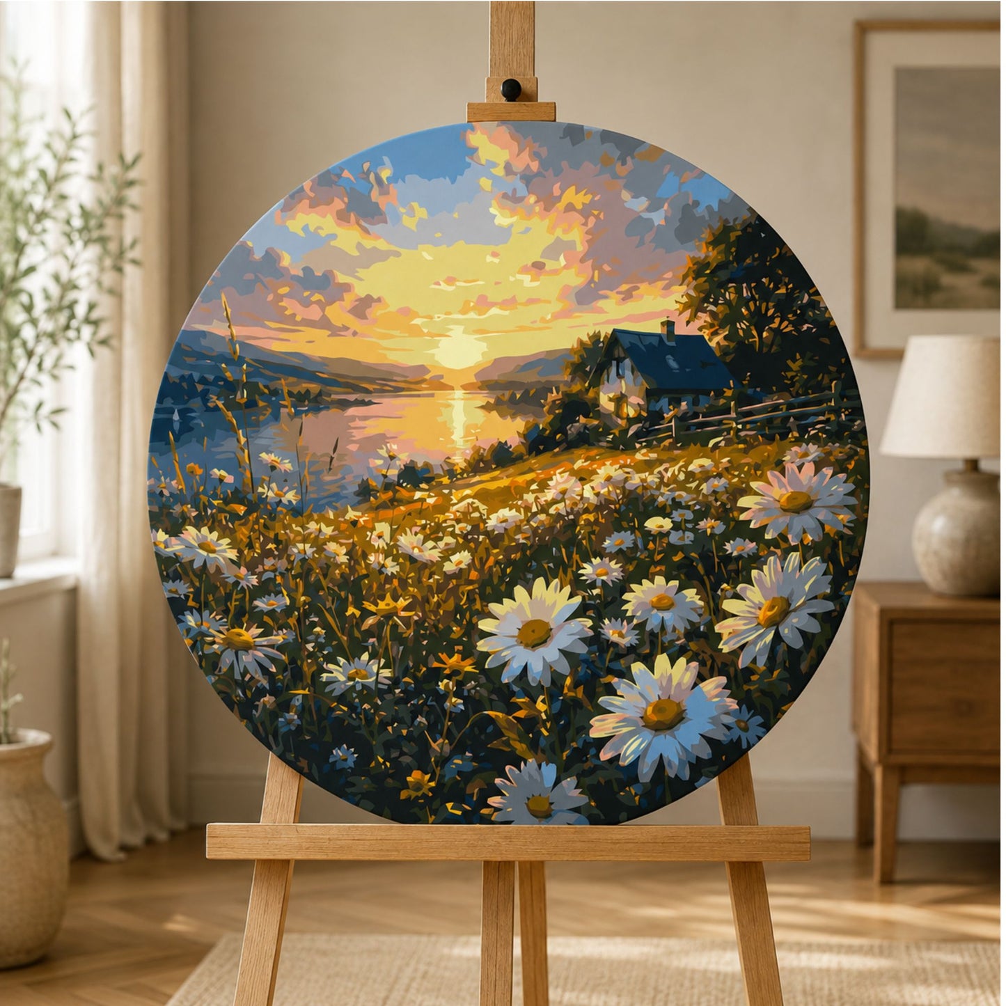 Rundes Malen nach Zahlen Ø45 cm – Landschaft/Blumen – Margeritenfeld bei Sonnenuntergang – OR 2030