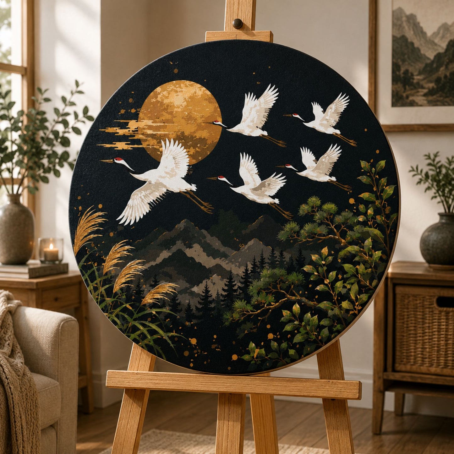 Rundes Malen nach Zahlen Ø45 cm – Tiere/Landschaft – Kraniche unter dem Mond mit Metallicfarben – OR 2033