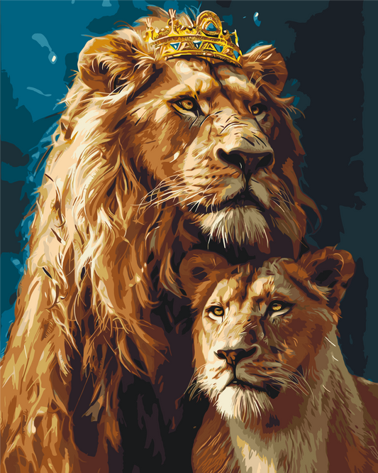 Malen nach Zahlen auf Keilrahmen 40×50 cm – Tiere. Löwe und Löwin mit Metallicfarben LW 0320