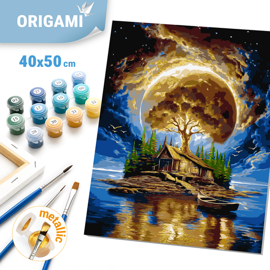 Malen nach Zahlen auf Keilrahmen 40×50 cm – Landschaft mit Metallicfarben. Insel der Stille LW 3014-01