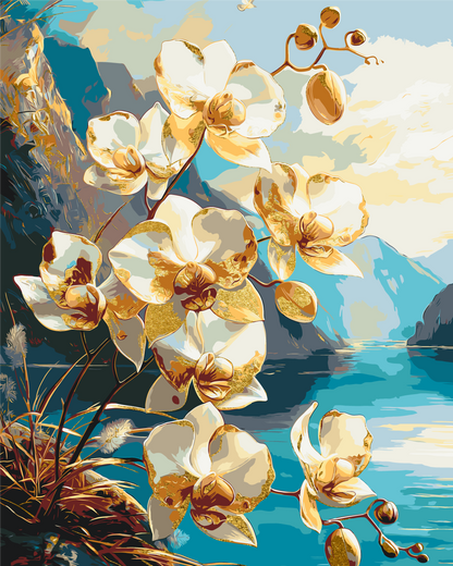 Maľovanie podľa čísel na ráme 40*50 cm - Orchidey s metalickými farbami - Kvety/Krajinka - LW 30311