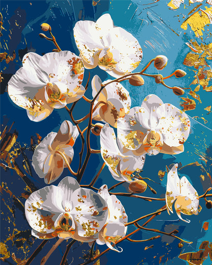 Malen nach Zahlen auf Keilrahmen 40×50 cm – Blumen. Orchideenblüte auf blauem Hintergrund mit Metallicfarben LW 30431