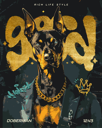 Maľovanie podľa čísel na ráme 40*50 cm - Doberman so zlatou reťazou s metalickými farbami - Zvieratá - LW 30460