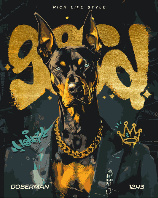 Maľovanie podľa čísel na ráme 40*50 cm - Doberman so zlatou reťazou s metalickými farbami - Zvieratá - LW 30460
