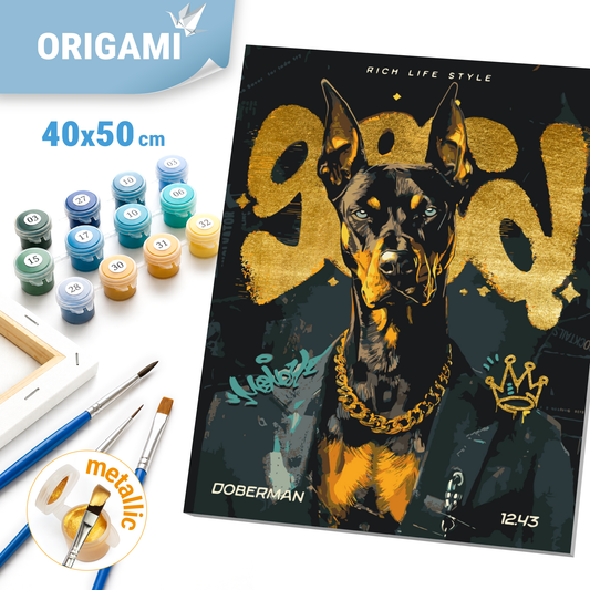 Maľovanie podľa čísel na ráme 40*50 cm - Doberman so zlatou reťazou s metalickými farbami - Zvieratá - LW 30460