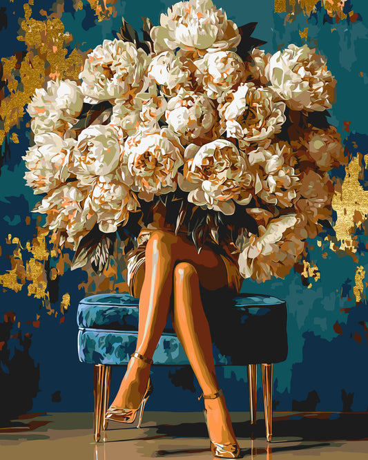 Malen nach Zahlen auf Keilrahmen 40×50 cm – Blumen - Mädchen mit Pfingstrosenstrauß mit Metallicfarben LW 3048-01