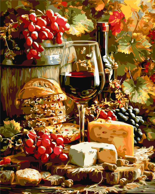 Malen nach Zahlen auf Keilrahmen 40×50 cm – Stillleben – Wein, Käse und Trauben LW 3059-01