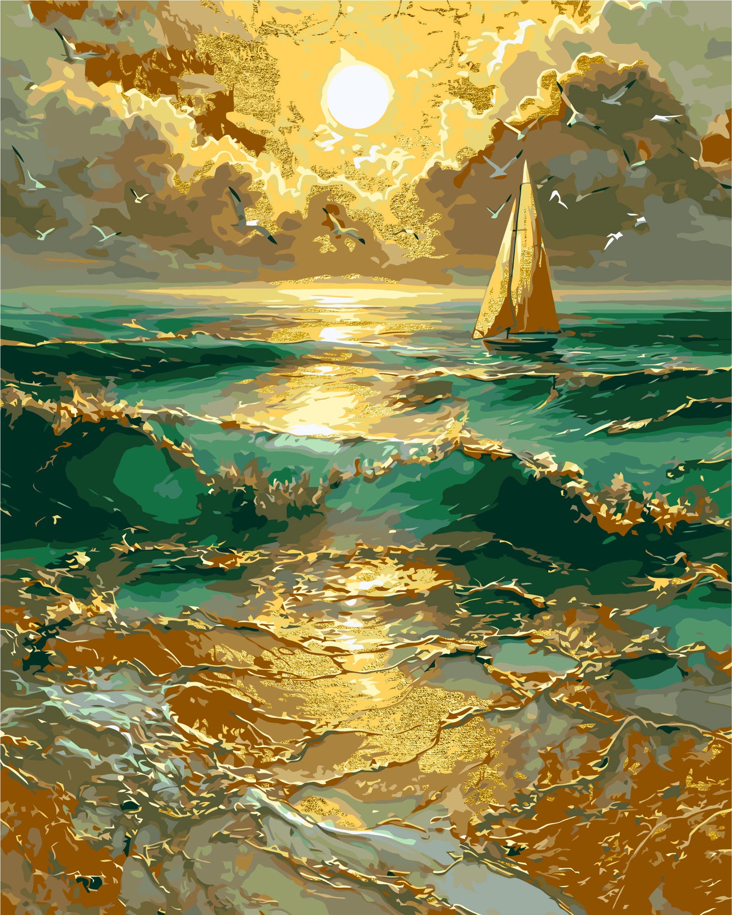Malen nach Zahlen auf Keilrahmen 40×50 cm – Landschaft - Segelboot im Morgengrauen mit Metallicfarben LW 30610-01