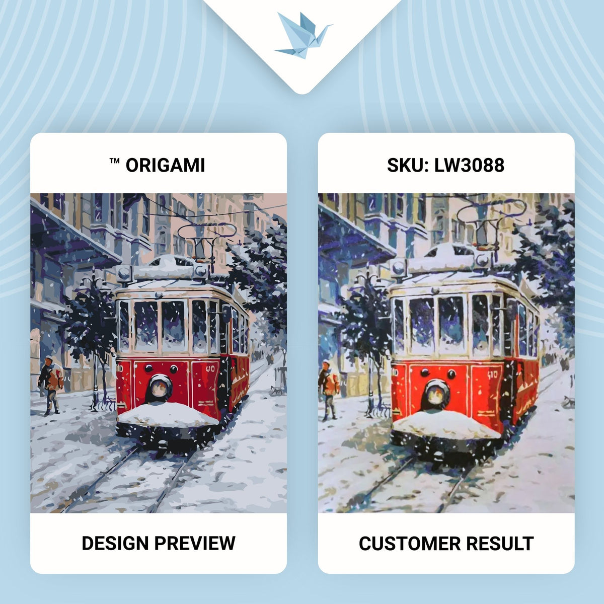 Malen nach Zahlen auf Keilrahmen 40×50 cm – Alte rote Straßenbahn – Winter/Weihnachten/Landschaft – LW 3088