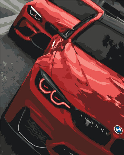 Malen nach Zahlen auf Keilrahmen 40×50 cm – Roter BMW – Landschaft – LW 3155