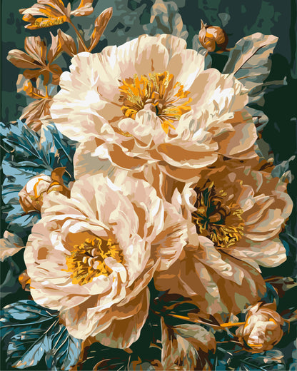 Malen nach Zahlen auf Keilrahmen 40×50 cm – Blumen - Beige Pfingstrosen mit Metallicfarben LW 3159-01