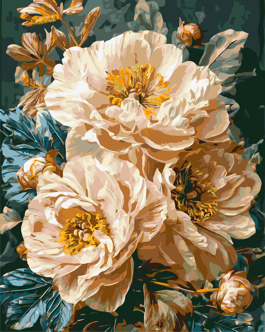 Malen nach Zahlen auf Keilrahmen 40×50 cm – Blumen - Beige Pfingstrosen mit Metallicfarben LW 3159-01