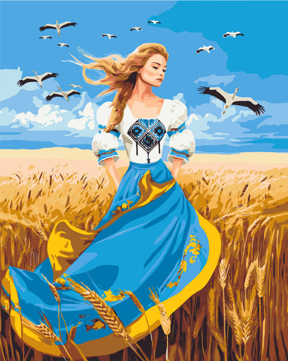 Malen nach Zahlen auf Keilrahmen 40×50 cm – Mädchen im blau-gelben Kleid – Menschen – LW 32580