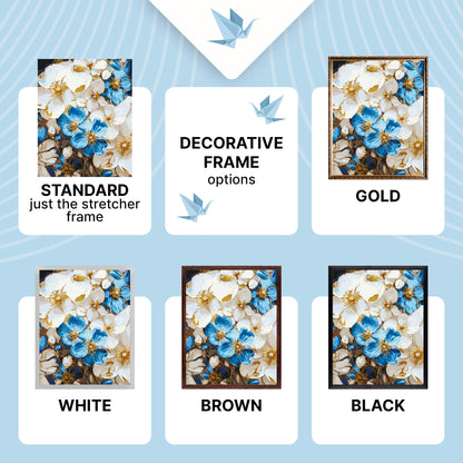 Malen nach Zahlen auf Keilrahmen 40×50 cm – Weiß-blaue Blumen mit Metallicfarben – Blumen – LW 3293