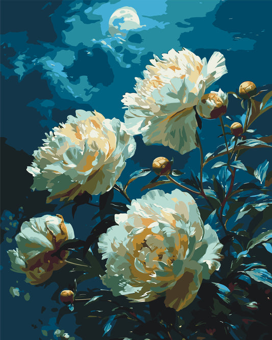 Malen nach Zahlen auf Keilrahmen 40×50 cm – Blumen Pfingstrosen unter dem Mond LW 3297