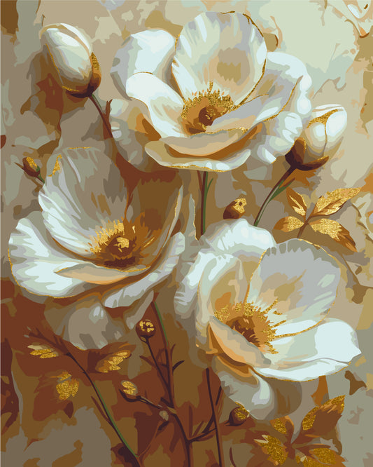 Malen nach Zahlen auf Keilrahmen 40×50 cm – Weiße Blumen mit Metallicfarben LW 3302
