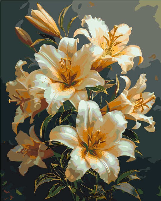 Malen nach Zahlen auf Keilrahmen 40×50 cm – Blumen Leuchtende Lilien mit Metallicfarben LW 3303