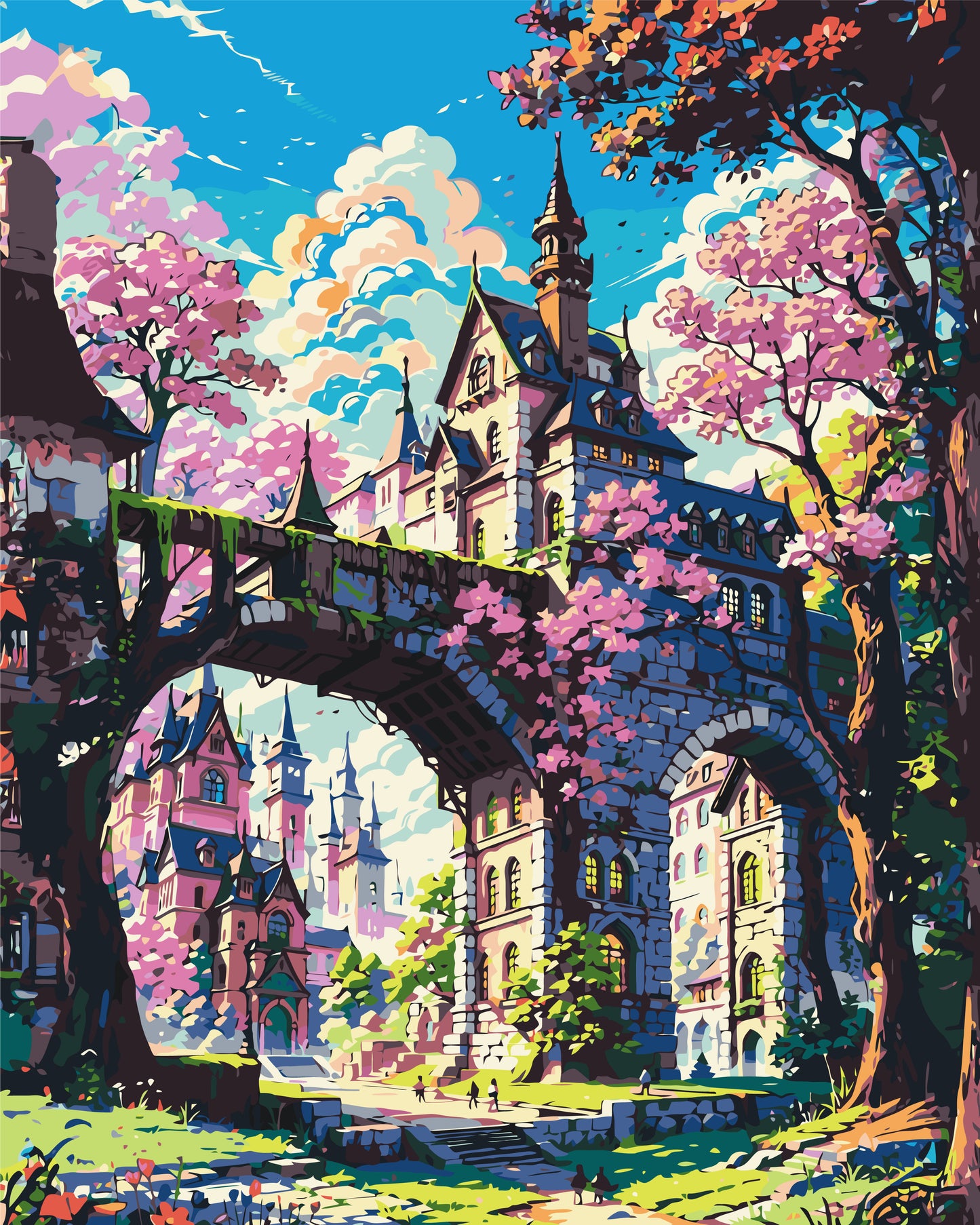 Malen nach Zahlen auf Keilrahmen 40×50 cm – Märchenschloss in Kirschblüten – Landschaft – LW 3331