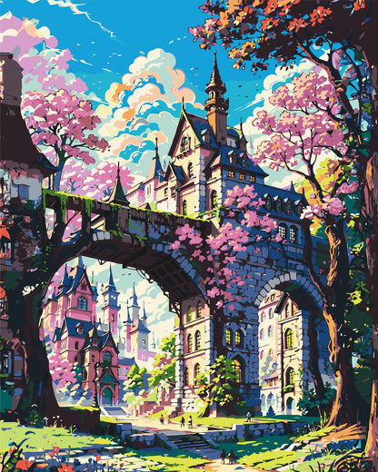 Malen nach Zahlen auf Keilrahmen 40×50 cm – Märchenschloss in Kirschblüten – Landschaft – LW 3331