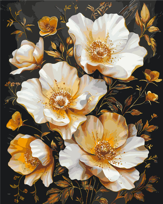 Malen nach Zahlen auf Keilrahmen 40×50 cm – Goldene Blumen auf schwarzem Hintergrund mit Metallicfarben LW 3335