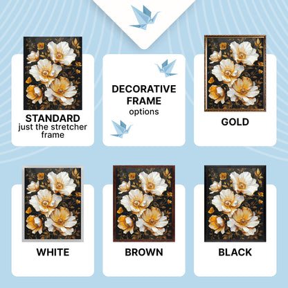 Malen nach Zahlen auf Keilrahmen 40×50 cm – Goldene Blumen auf schwarzem Hintergrund mit Metallicfarben – Blumen – LW 3335