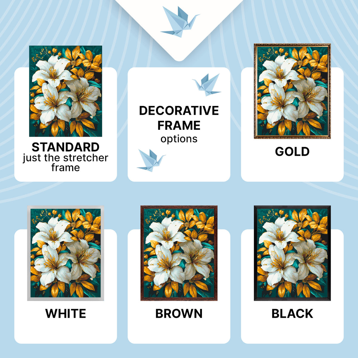 Malen nach Zahlen auf Keilrahmen 40×50 cm – Goldene Lilien mit Metallicfarben – Blumen – LW 3338