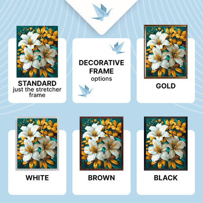 Malen nach Zahlen auf Keilrahmen 40×50 cm – Goldene Lilien mit Metallicfarben – Blumen – LW 3338