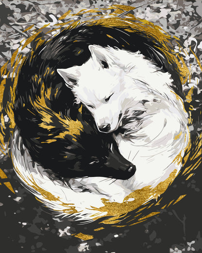 Malen nach Zahlen auf Keilrahmen 40×50 cm – Tiere. Wolfspaar (Yin-Yang) mit Metallicfarben LW 3458