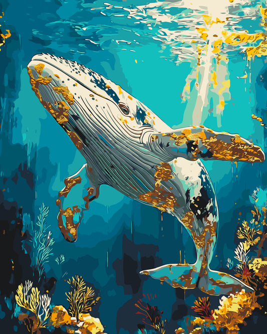 Malen nach Zahlen auf Keilrahmen 40×50 cm – Unterwasserwelt, Wal mit Metallicfarben LW 3495