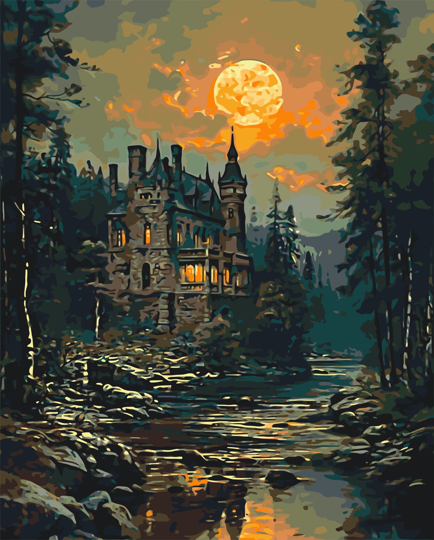 Malen nach Zahlen auf Keilrahmen 40×50 cm – Geheimnisvolles Schloss – Landschaft – LW 3516