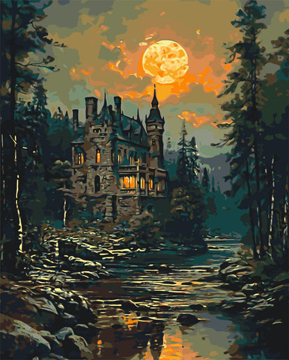 Malen nach Zahlen auf Keilrahmen 40×50 cm – Geheimnisvolles Schloss – Landschaft – LW 3516