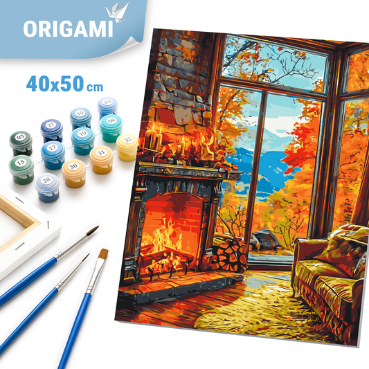Malen nach Zahlen auf Keilrahmen 40×50 cm – Landschaft – Wärme des herbstlichen Kamins LW 3518