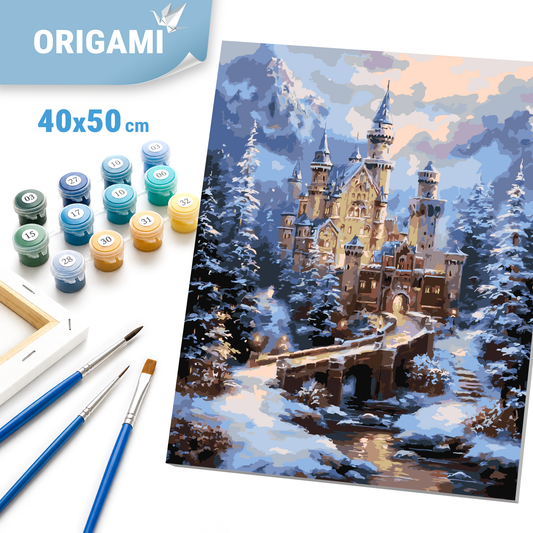 Malen nach Zahlen auf Keilrahmen 40×50 cm – Winterlandschaft. Burg in den Winterbergen LW 3553
