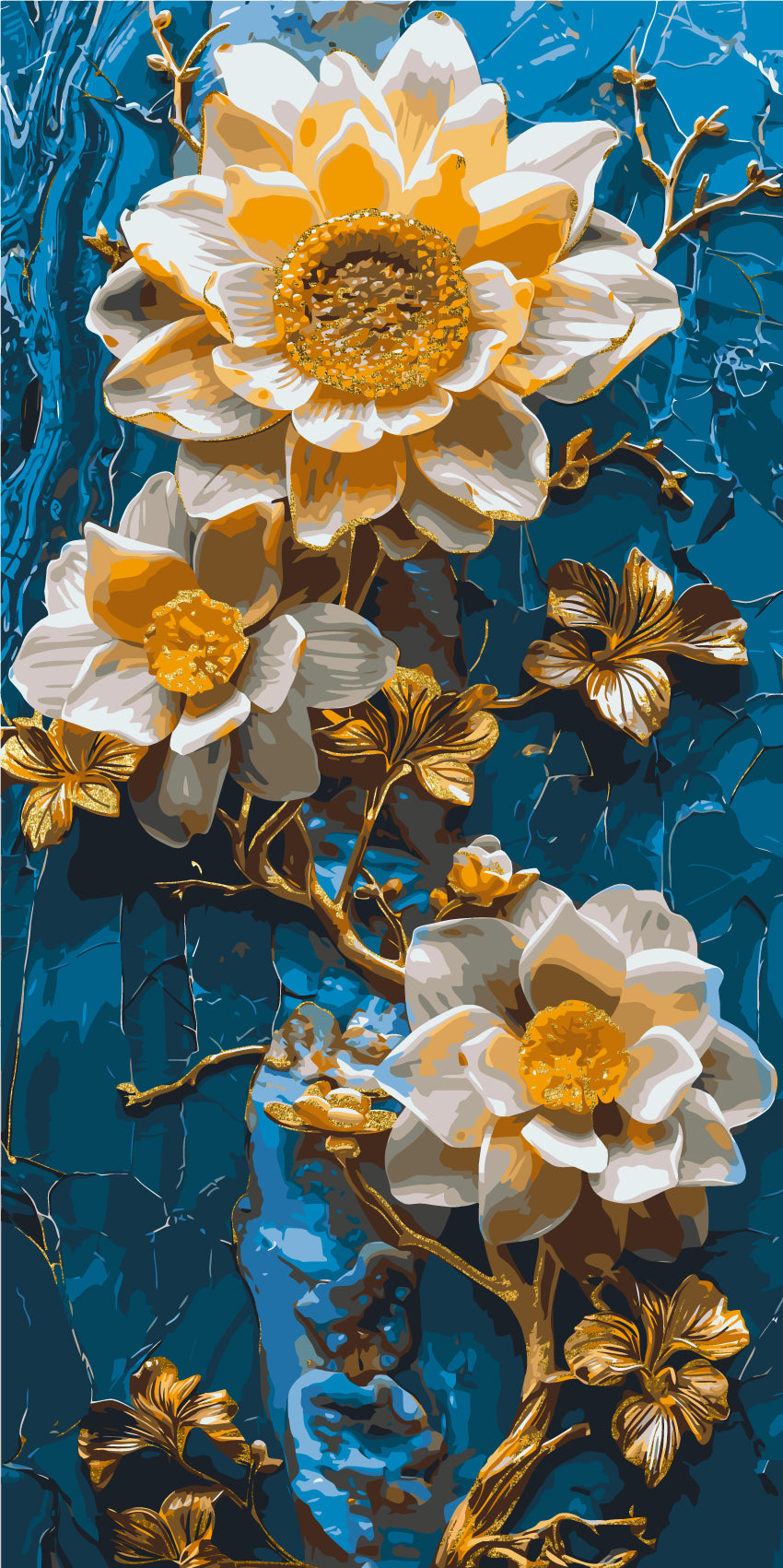 Malen nach Zahlen auf Keilrahmen 40×80 cm – Blumen auf blauem Hintergrund – Blumen mit Metallicfarben – LW 5102