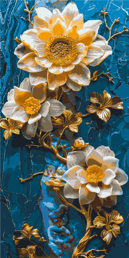Malen nach Zahlen auf Keilrahmen 40×80 cm – Blumen auf blauem Hintergrund – Blumen mit Metallicfarben – LW 5102