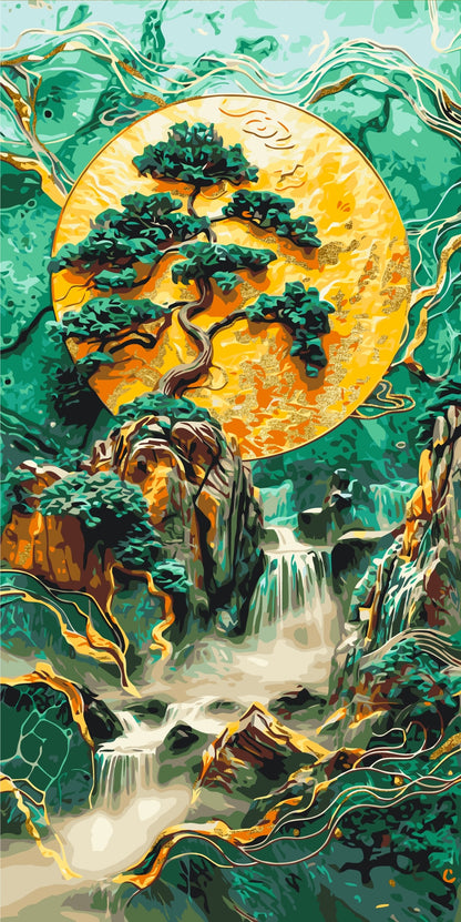 Malen nach Zahlen auf Keilrahmen 40×80 cm – Abstraktion: Bergwasserfall – Landschaft mit Metallicfarben – LW 5105