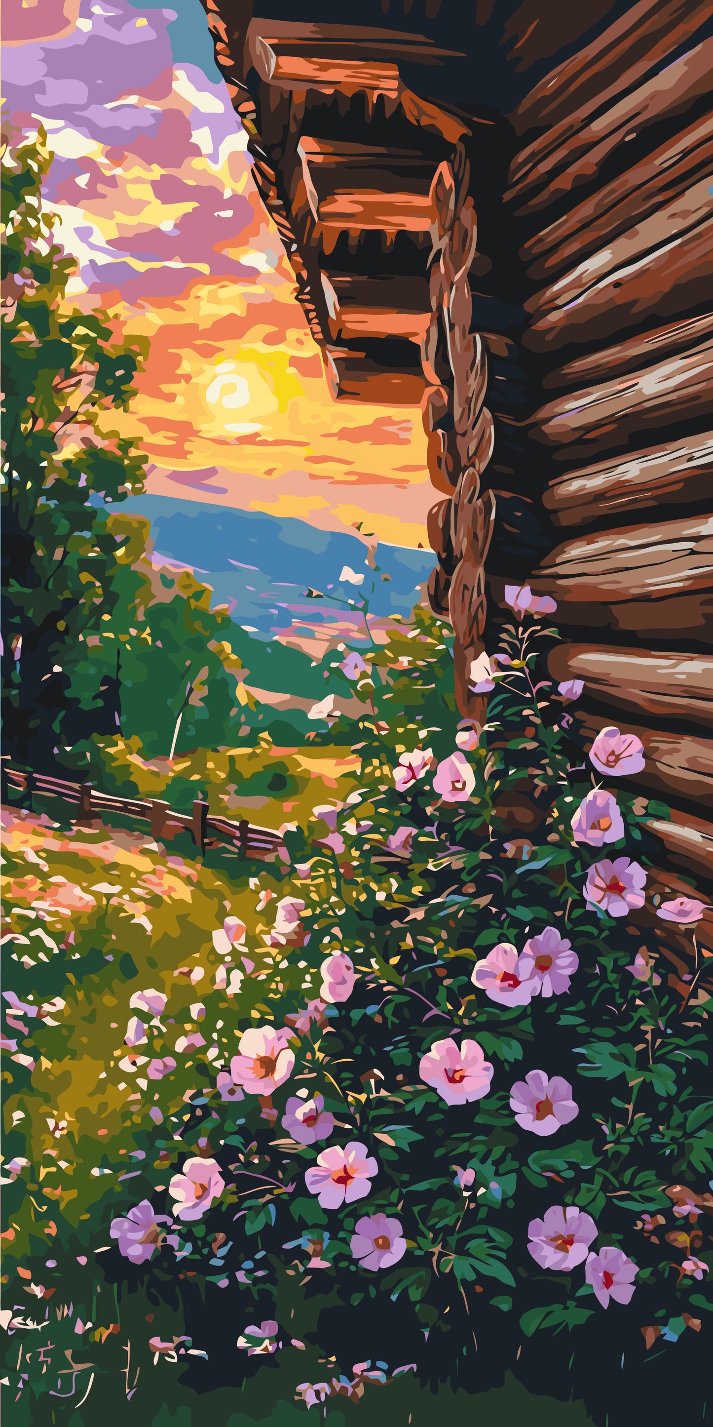 Malen nach Zahlen auf Keilrahmen 40×80 cm – Blumiger Sommerabend – Landschaft/Blumen – LW 5114