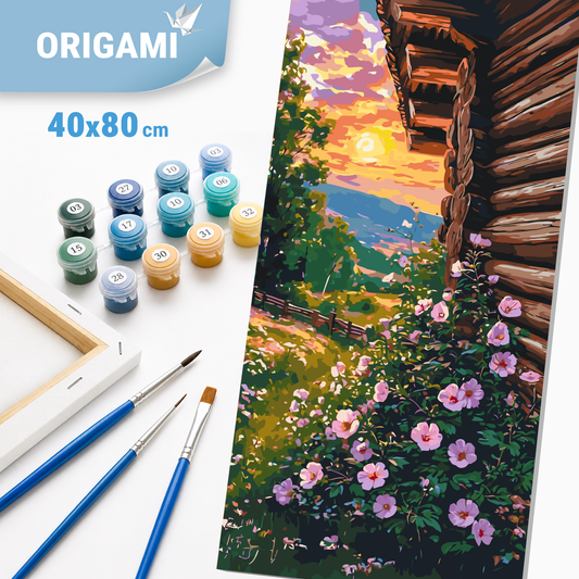 Malen nach Zahlen auf Keilrahmen 40×80 cm – Blumiger Sommerabend – Landschaft/Blumen – LW 5114