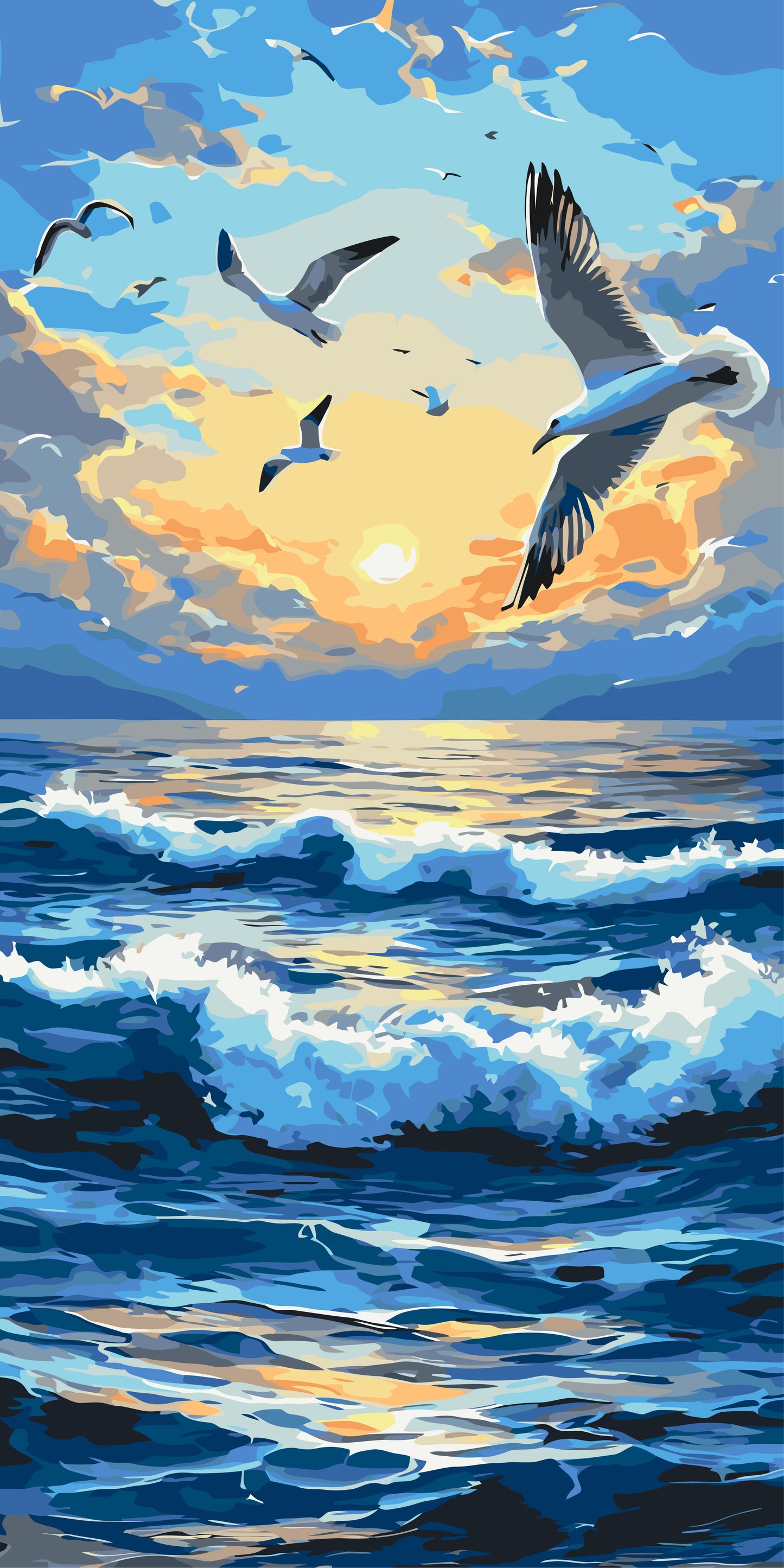 Malen nach Zahlen auf Keilrahmen 40×80 cm – Landschaft Möwen über den Morgenwellen LW 5125