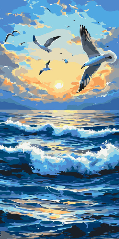 Malen nach Zahlen auf Keilrahmen 40×80 cm – Landschaft Möwen über den Morgenwellen LW 5125
