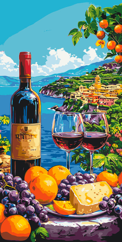 Malen nach Zahlen auf Keilrahmen 40×80 cm – Landschaft/Stillleben mit Wein und Obst an der Küste LW 5143
