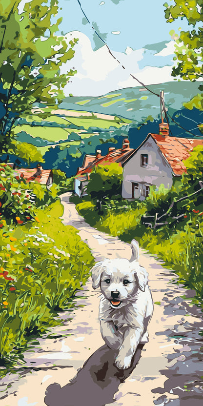 Malen nach Zahlen auf Keilrahmen 40×80 cm – Glücklicher Welpe – Tiere/Landschaft – LW 5165