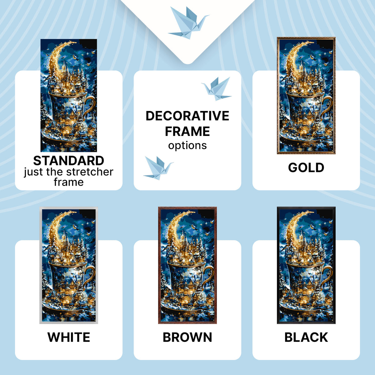 Malen nach Zahlen auf Keilrahmen 40×80 cm – Winterszene in der Tasse mit Metallicfarben – Winter/Weihnachten/Landschaft/Stillleben – LW 5179