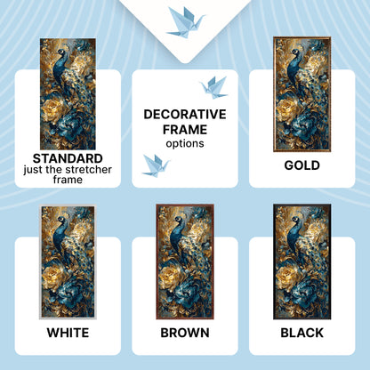 Malen nach Zahlen auf Keilrahmen 40×80 cm – Pfau zwischen Blumen mit Metallicfarben – Blumen/Tiere – LW 5183