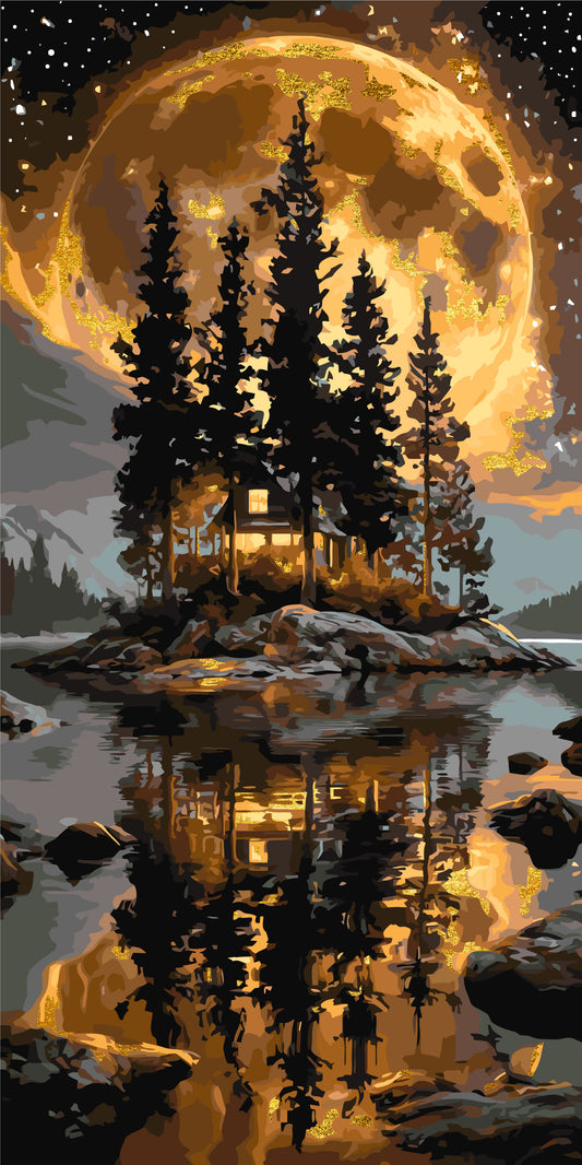 Malen nach Zahlen auf Keilrahmen 40×80 cm – Landschaft Insel unter dem Mond mit Metallicfarben LW 5184